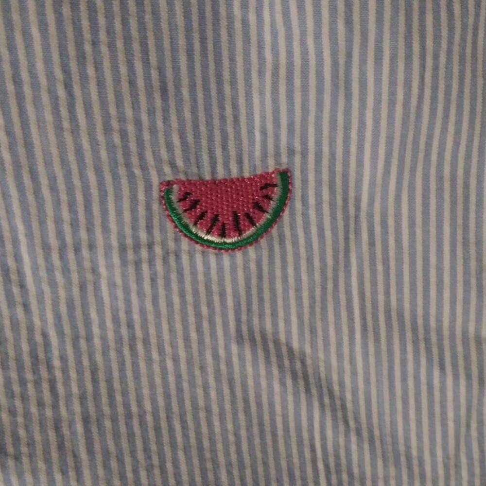 Talbots Blue & White Seersucker Embroidered Watermelon Print Shift Dress Sz 6 - Picture 8 of 11